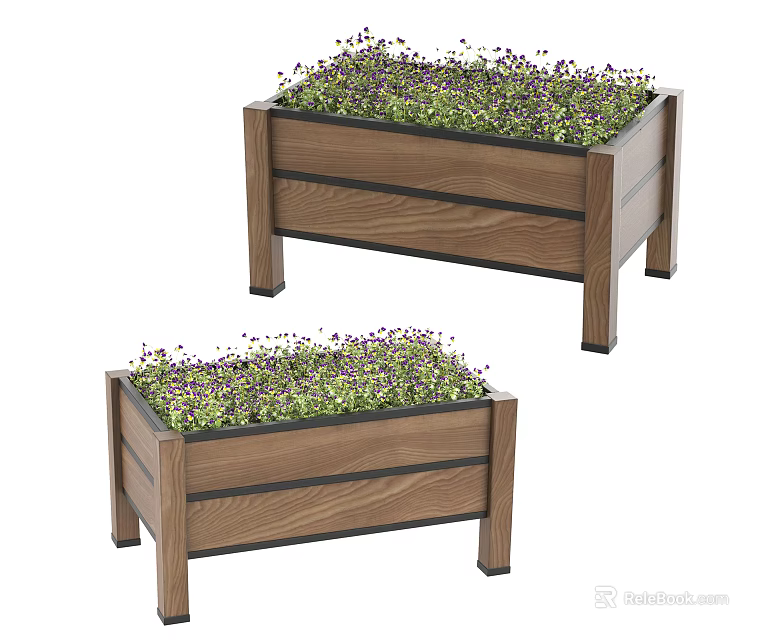 Two Elevated Wooden Planter Boxes Garden Decor with Purple Green Plants 3d model 