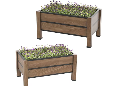 Two Elevated Wooden Planter Boxes Garden Decor with Purple Green Plants 3d model