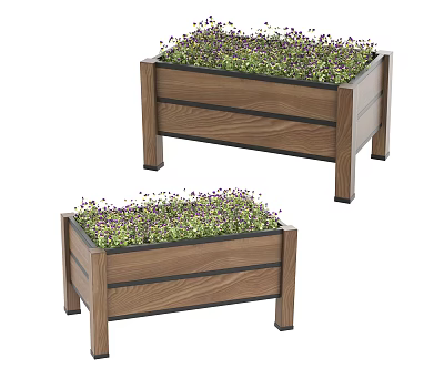Two Elevated Wooden Planter Boxes Garden Decor with Purple Green Plants 3d model