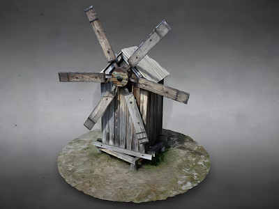 Vintage Wooden Windmill Architectural Components With Rotating Blades And Small House Structure 3d model