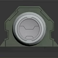 Futuristic Cylindrical Sci Fi Mechanical Device With Green Frame Yellow Ring Gray Base And Vent Grilles