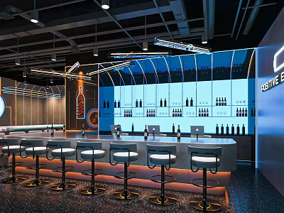 Modern Bar Interior Design With Sleek Counter High Stools LED Lighting And Wine Racks 3d model