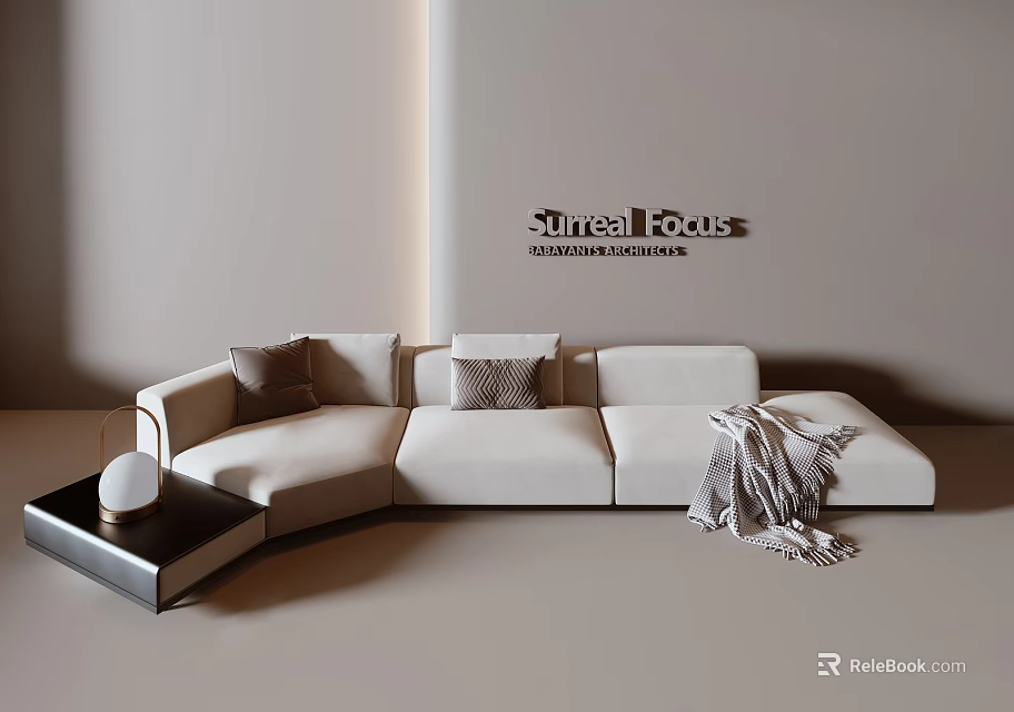 Modern Minimalist Sectional Sofa Living Room Interior With Pillows Throw Blanket And Side Table 3d model 