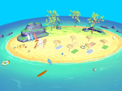 Cartoon Scene Of Tropical Island With Sandy Beach Trees Umbrellas Lounge Chairs Surfboards And Blue Sea 3d model