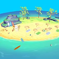 Cartoon Scene Of Tropical Island With Sandy Beach Trees Umbrellas Lounge Chairs Surfboards And Blue Sea