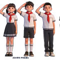 2D Elementary School Students in Uniforms Performing Young Pioneers Salute Together