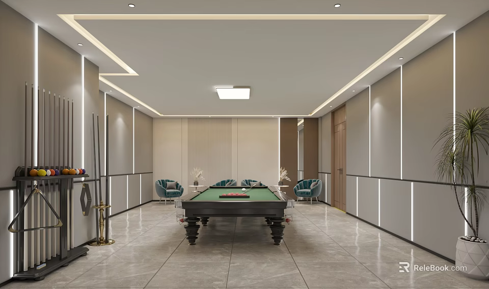 Luxurious Modern Billiard Room Interior Design With Pool Table Cue Sticks And Comfortable Chairs 3d model 