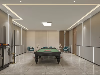 Luxurious Modern Billiard Room Interior Design With Pool Table Cue Sticks And Comfortable Chairs 3d model