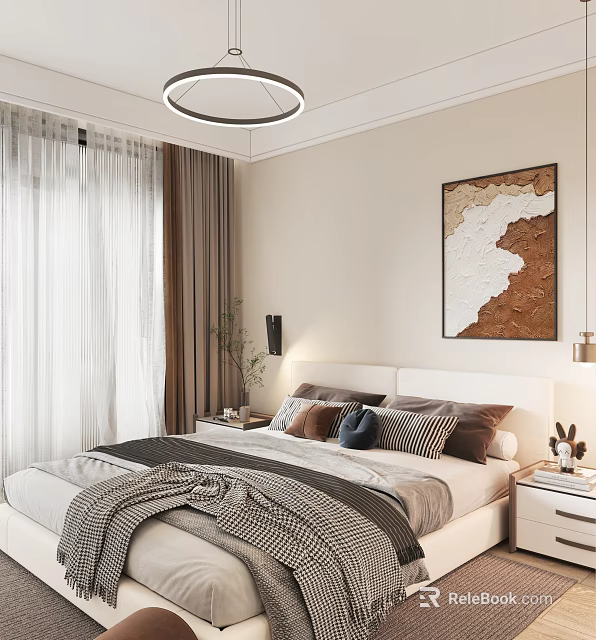 Modern Bedroom Interior with Cozy Bed Multiple Pillows Striped Blanket Nightstand Lamp Curtains and Wall Art 3d model 
