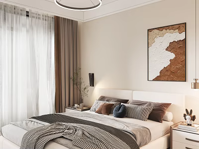 Modern Bedroom Interior with Cozy Bed Multiple Pillows Striped Blanket Nightstand Lamp Curtains and Wall Art 3d model