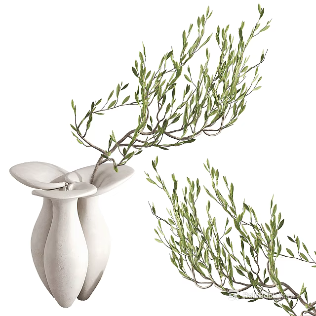 Unique White Vase With Curved Design Holding Green Olive Branches Foliage 3d model 