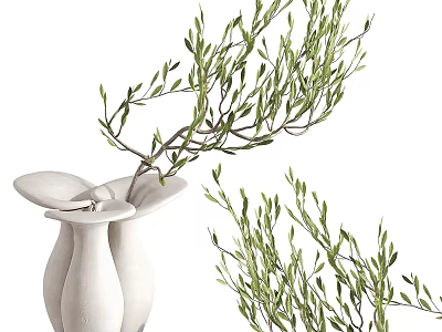Unique White Vase With Curved Design Holding Green Olive Branches Foliage 3d model