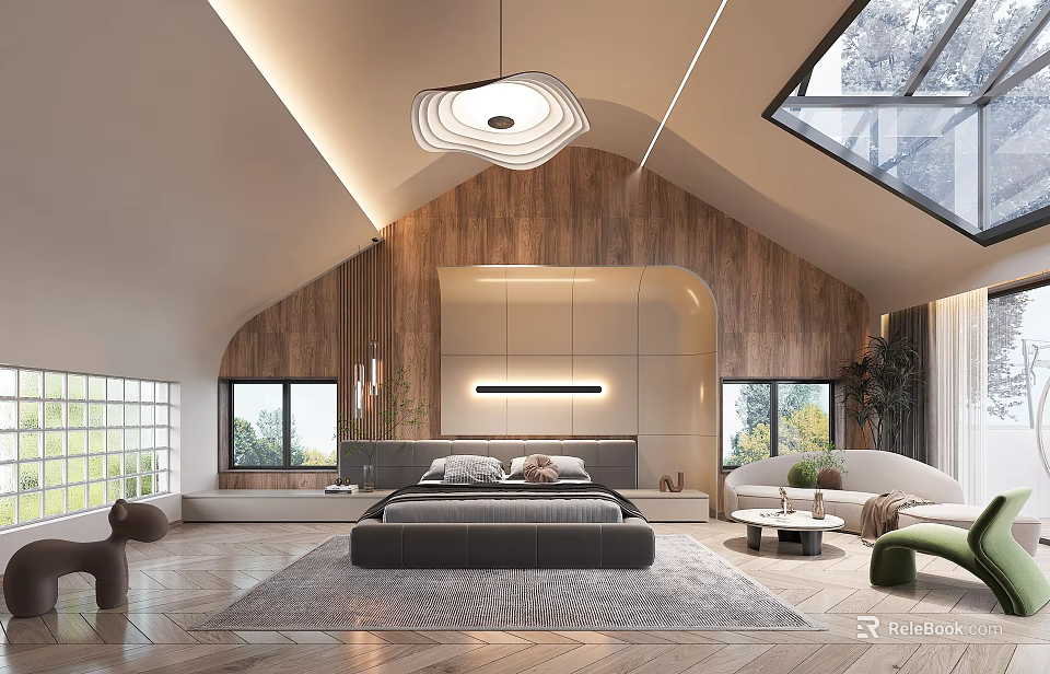 Modern Bedroom With Wooden Walls Arched Design Skylight And King Bed 3d model 