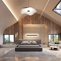 Modern Bedroom With Wooden Walls Arched Design Skylight And King Bed