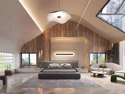 Modern Bedroom With Wooden Walls Arched Design Skylight And King Bed 3d model