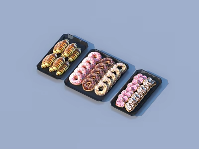 Assorted Colorful Donuts on Black Trays with Frosting and Sprinkles 3d model