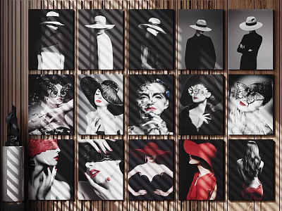 Vintage Portrait Paintings Featuring Diverse Figures With Hats And Expressions On Wall 3d model