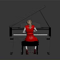 Black Grand Piano With Open Lid And Girl In Red Dress Playing