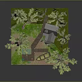 Natural Landscape Model with Green Trees Hanging Vines Wooden Bench Pathway and Water Area