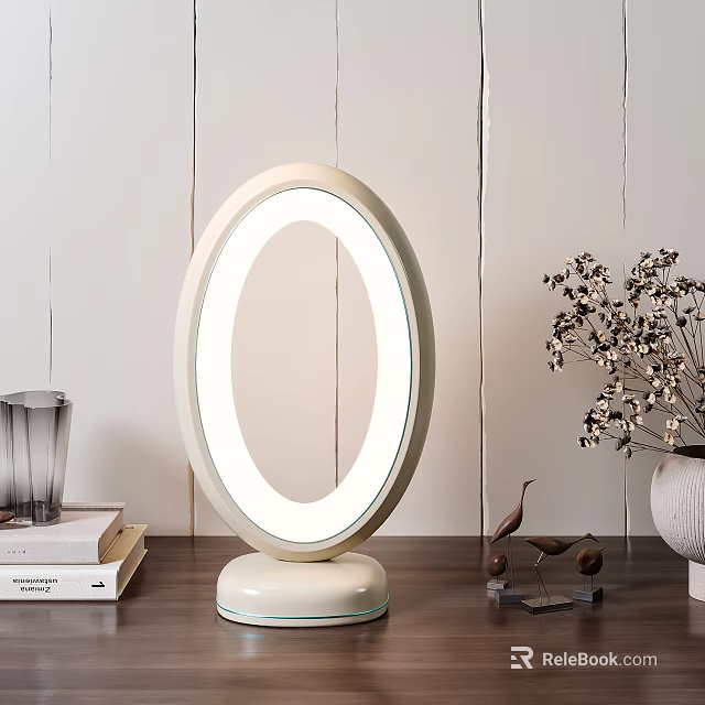 Elegant Oval Table Lamp With Illuminated Ring On Wooden Table With Books Dried Flowers Decor 3d model 