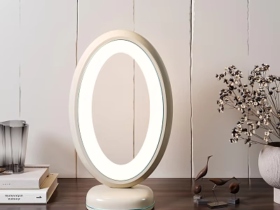 Elegant Oval Table Lamp With Illuminated Ring On Wooden Table With Books Dried Flowers Decor 3d model