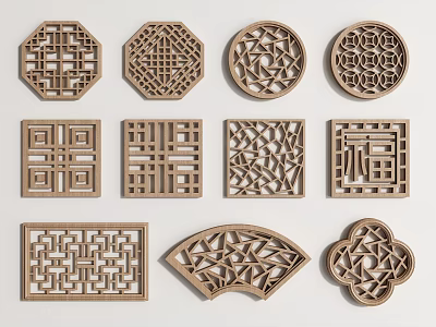 Traditional Wooden Lattice Windows In Various Shapes 3d model