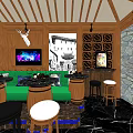KTV Interior Design With Wooden Decor Green Sofas Pendant Lights And TV Screens