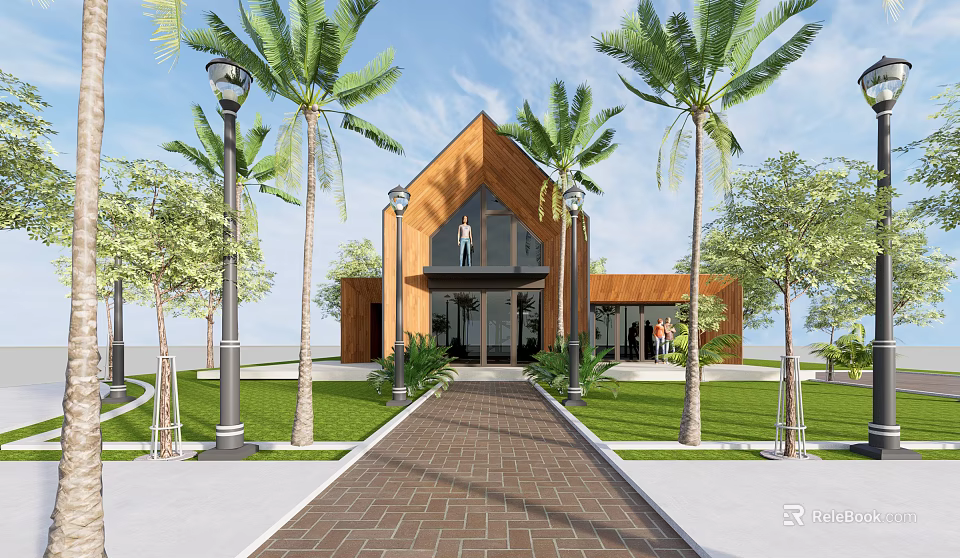 Modern Detached Villa With Wooden Exterior Glass Doors Palm Trees And Brick Pathway 3d model 