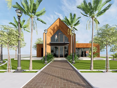 Modern Detached Villa With Wooden Exterior Glass Doors Palm Trees And Brick Pathway 3d model