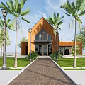 Modern Detached Villa With Wooden Exterior Glass Doors Palm Trees And Brick Pathway