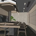 Traditional Japanese Restaurant Interior With Sushi Bar Counter Wooden Panels And Warm Lighting