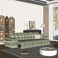Green Velvet Sectional Sofa With White Cushion And Floral Screen In Living Room
