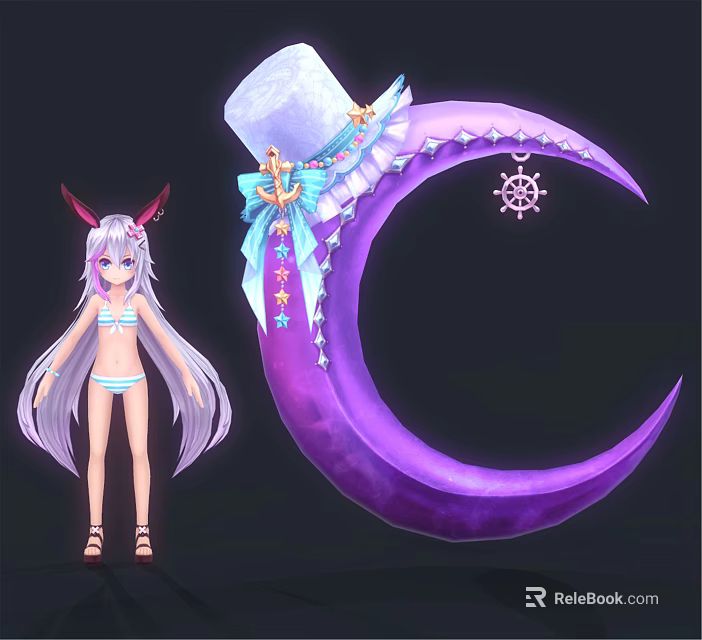 Anime Character With Purple Long Hair Red Horns And Crescent Creature With Star Bow Decor 3d model 