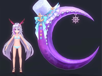 Anime Character With Purple Long Hair Red Horns And Crescent Creature With Star Bow Decor 3d model