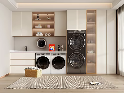 Modern Laundry Room Interior With Stacked Washers Dryers Cabinets Storage Shelves And Basket 3d model