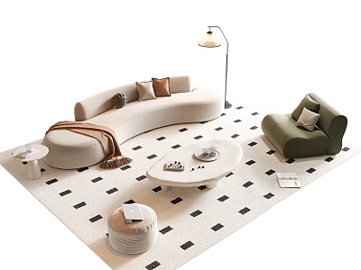 Modern Curved Sofa and Coffee Table Set with Throw Pillows Green Armchair and Floor Lamp 3d model