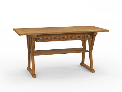 Rustic Solid Wood Desk With Five Drawers And Lower Shelf Storage Design 3d model