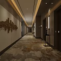 Elegant Modern Hotel Corridor With Wooden Wall Decor And Patterned Carpet 3d model