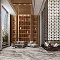 Modern Hotel Lobby Featuring Marble Floor Reception Desk Staff Decorative Lights And Large Windows