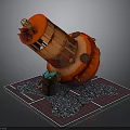 3D Model Red Mechanical Cannon With Wooden Structure Grated Base And Barrel