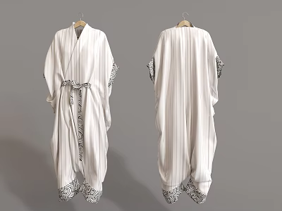 Stylish White Striped Robe With Belted Waist And Patterned Cuffs Hem 3d model