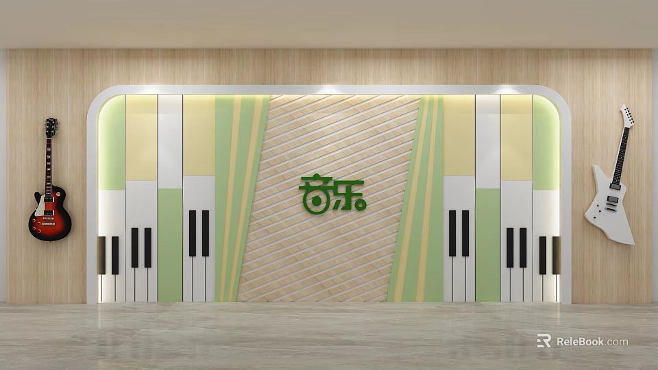 Music Classroom Interior Featuring Piano Key Elements And Green Beige Striped Wall With Music Symbol 3d model 