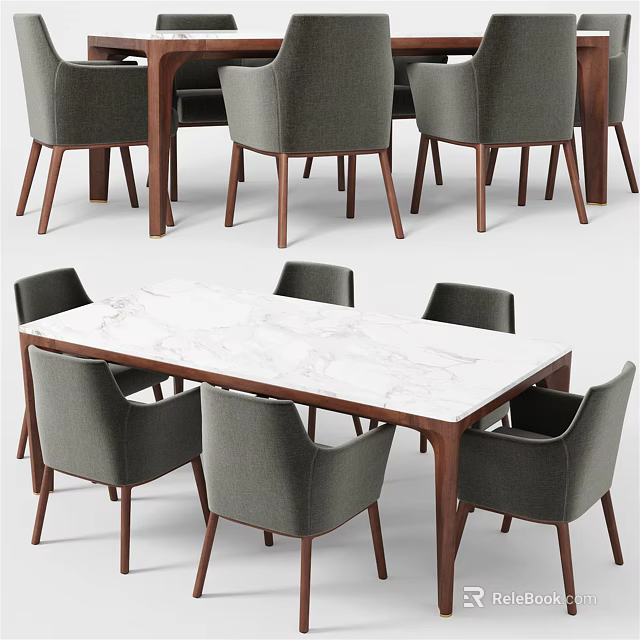 Elegant Rectangular Dining Table Set With White Marble Top And Gray Upholstered Wooden Leg Chairs 3d model
