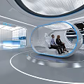 Modern Exhibition Hall Space With Blue Lit Counter Glass Railing Stairs And White Walls