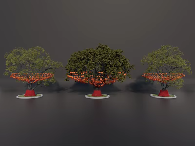 Three Arbor Trees With Red Trunks Green Canopies And Orange Decorations On White Bases 3d model