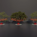 Three Arbor Trees With Red Trunks Green Canopies And Orange Decorations On White Bases