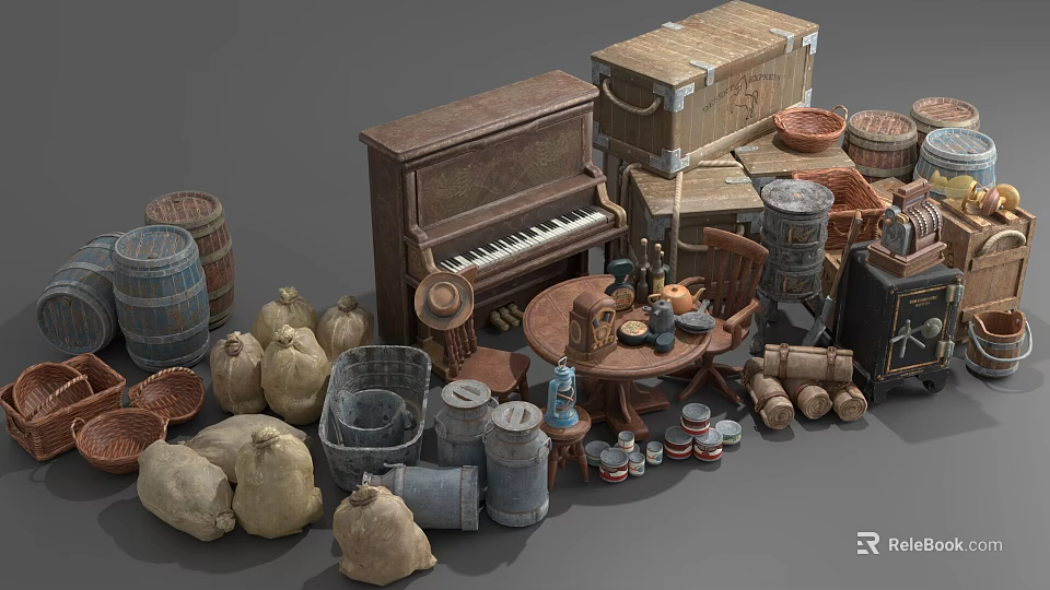 Vintage Collection Of Old Piano Wooden Crates Barrels Sacks And Furniture 3d model 