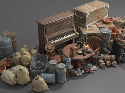 Vintage Collection Of Old Piano Wooden Crates Barrels Sacks And Furniture 3d model