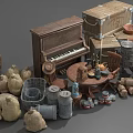 Vintage Collection Of Old Piano Wooden Crates Barrels Sacks And Furniture