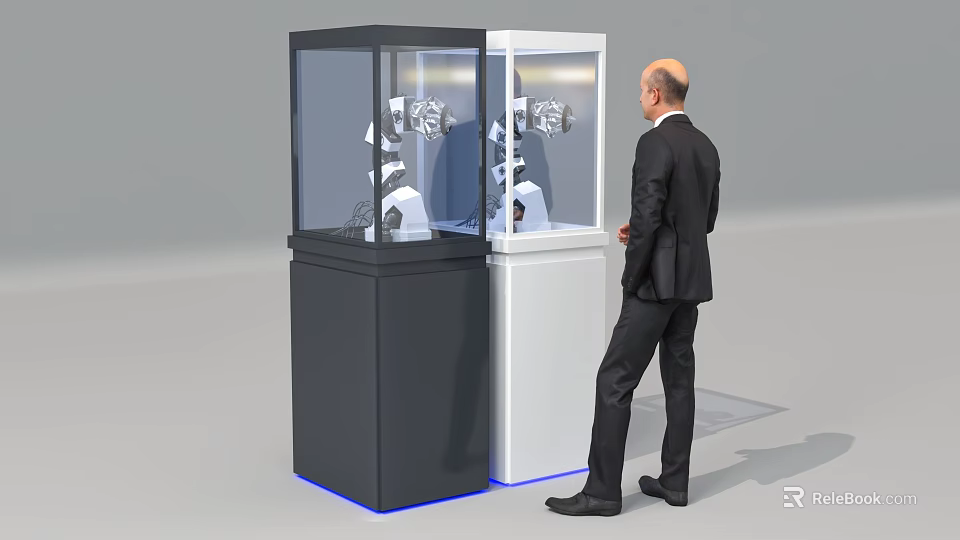 Businessman Observes Modern Commercial Equipment In Display Cabinets With Robotic Arms 3d model 